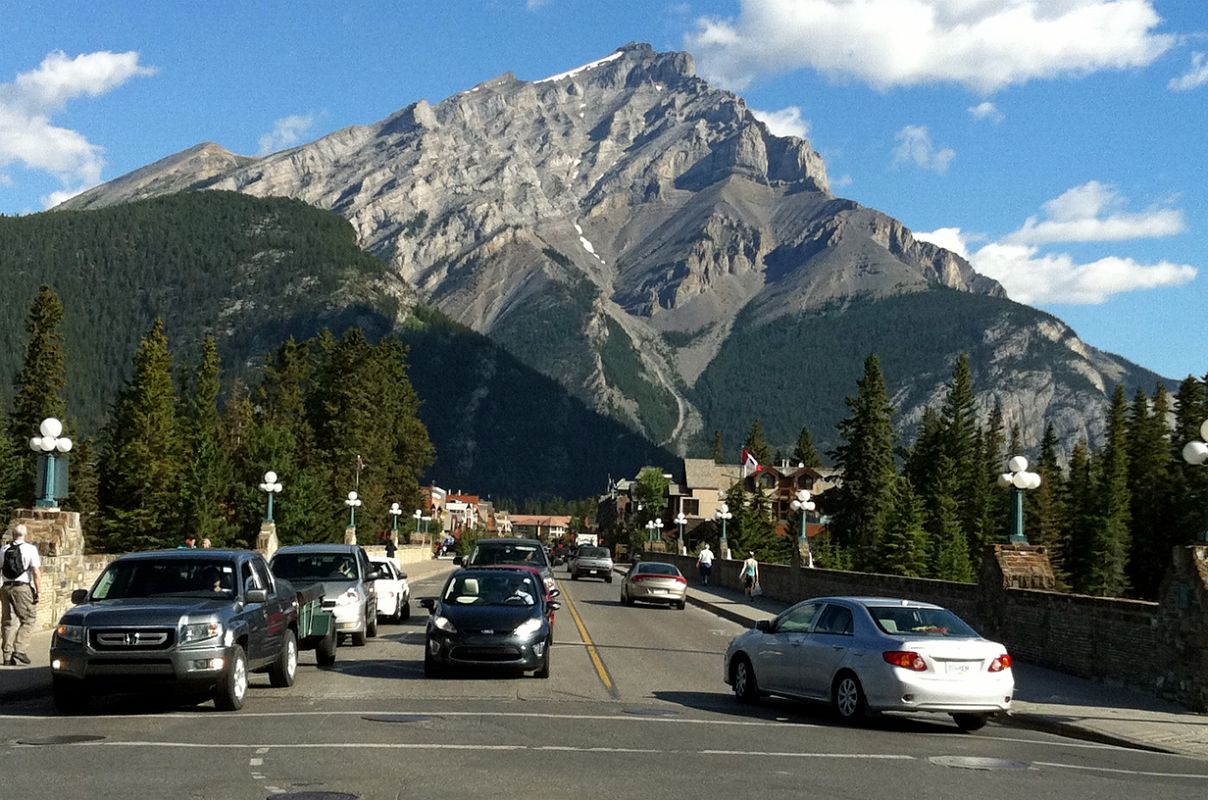 19 Bow River Bridge With Banff Avenue And Cascade Mountain Behind In The Morning From Bow River Bridge In Banff In Summer